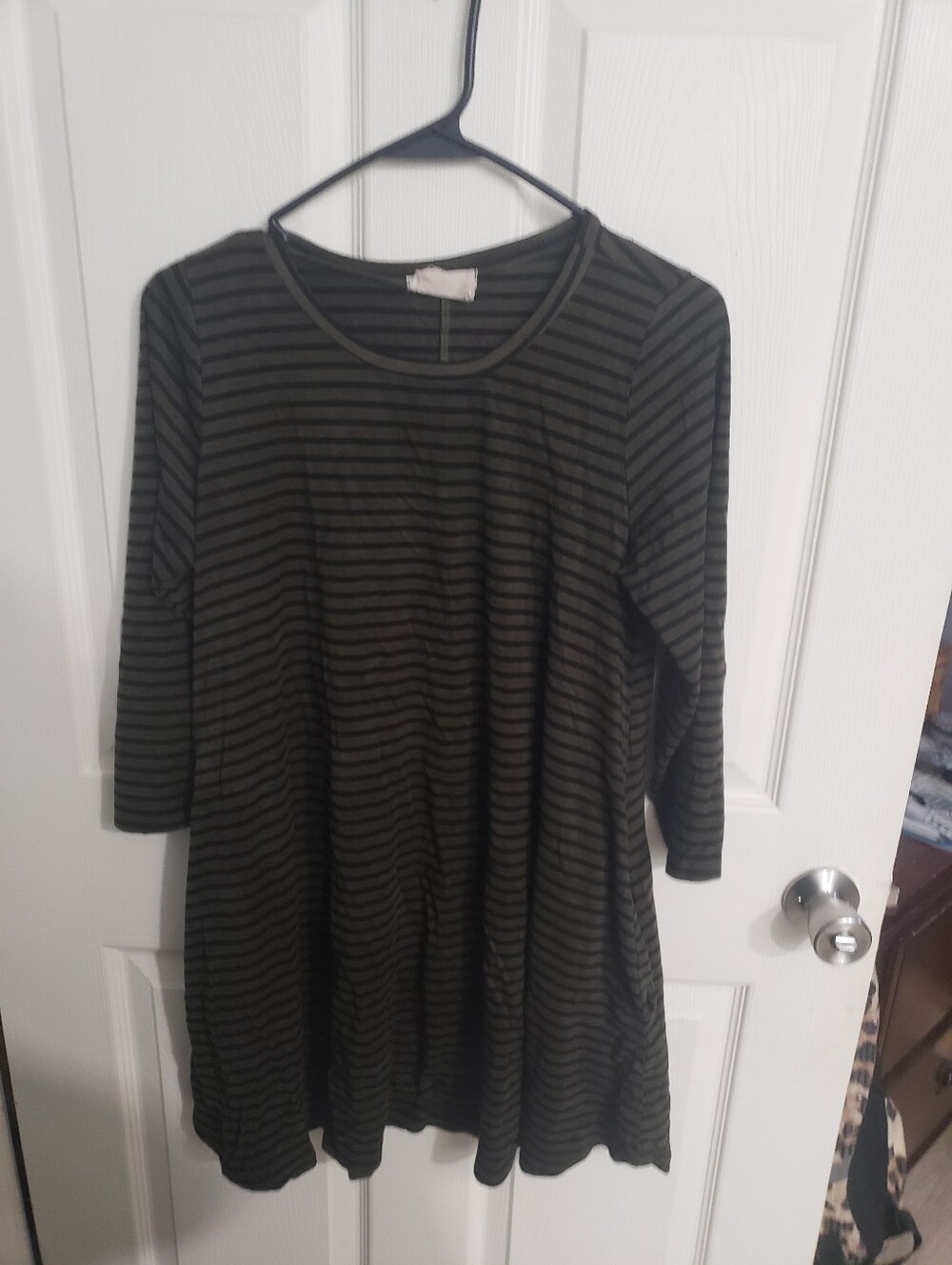 Striped Long Sleeve Swing Dress - Olive & Black With Pockets Size MEDIUM
